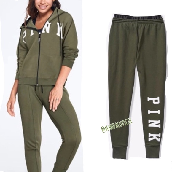 HTF 💗VS PINK HIGH WAIST OLIVE GREEN LOGO SKINNY JOGGERS - Picture 4 of 9